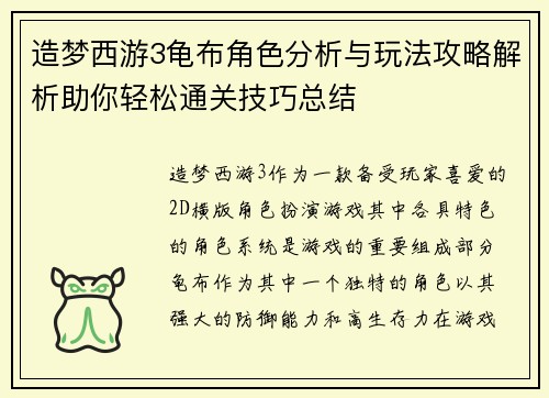 造梦西游3龟布角色分析与玩法攻略解析助你轻松通关技巧总结